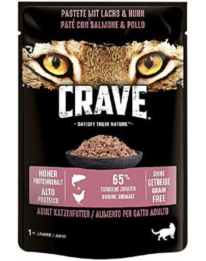 CRAVE Sachet 24 x 85g pâté de saumon et de poulet (sans céréales pour les chats adultes)
