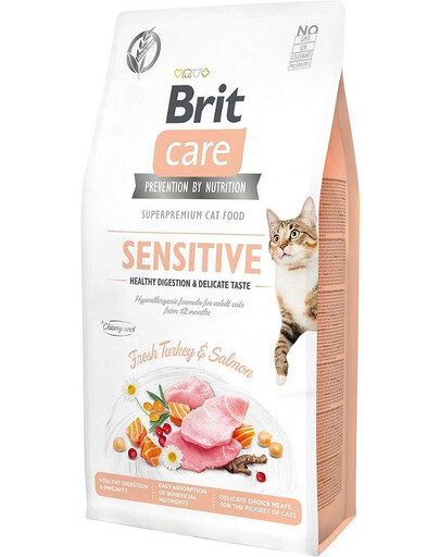 BRIT Care Cat Grain-Free Sensitive - croquettes hypoallergénique dinde & saumon, sans céréales, pour les chats adultes ayant un tube digestif sensible - 2 kg