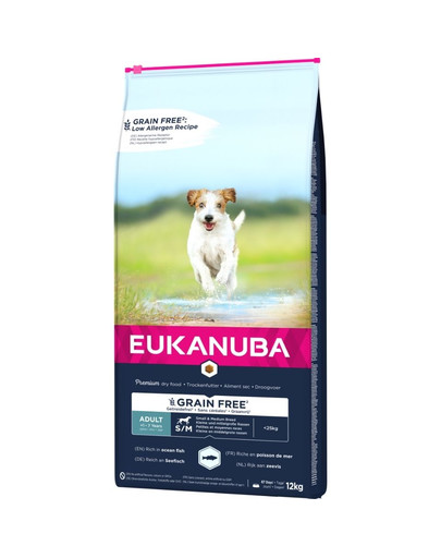 EUKANUBA Grain Free - croquettes sans gluten pour chiens adultes de petite et moyenne taille riche en poisson de mer - 12 kg