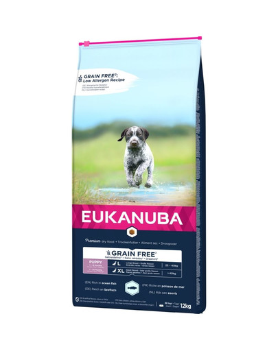 EUKANUBA Grain Free Puppy - sans gluten pour chiots de grandes races riche en poisson de mer - 12 kg