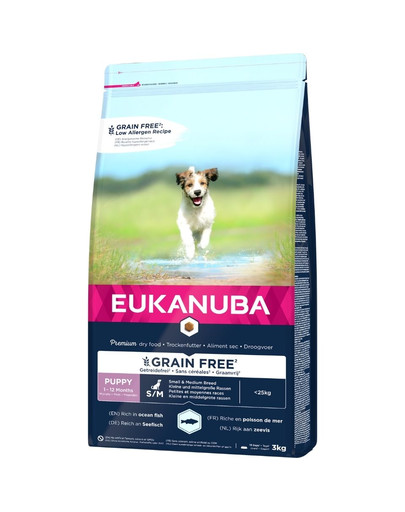 EUKANUBA Grain Free Puppy - sans gluten pour chiots de petite et moyenne taille riche en poisson de mer - 3 kg