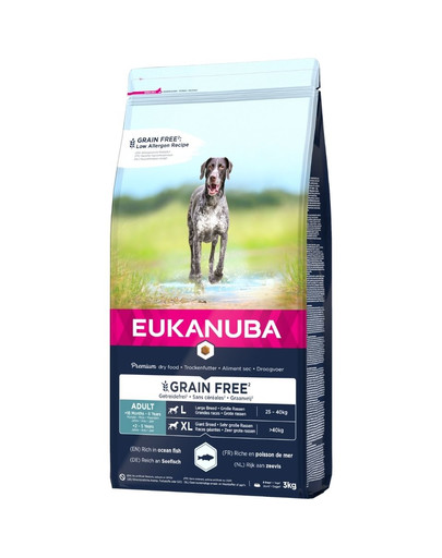 EUKANUBA Grain Free - croquettes sans gluten pour les chiens adultes de grande race riche en poisson de mer - 3 kg