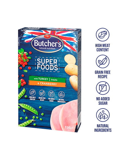 BUTCHER'S Superfoods Friandises à la dinde et aux canneberges 6 x 320 g