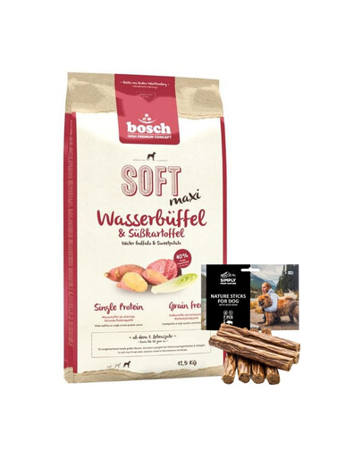 BOSCH Soft Maxi Aliment sec avec buffle d'eau et patate douce 12,5 kg + SIMPLY FROM NATURE Cigares naturels en sanglier 7 pièces