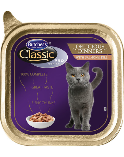 BUTCHER'S Classic Delicious Dinner Cat morceaux avec saumon et aneth en sauce 100 g