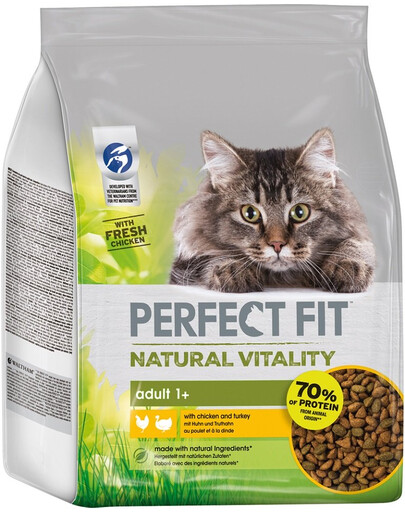 PERFECT FIT Natural Vitality Croquettes au poulet et à la dinde pour chats adultes 3 x 2,4 kg