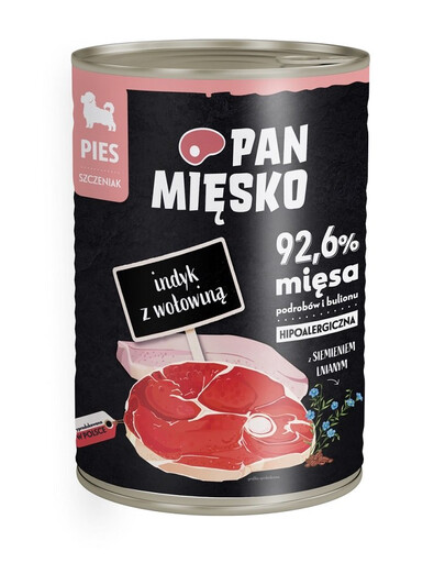 PAN MIĘSKO - Nourriture humide hypoallergénique pour chiots à base de dinde et de bœuf - 400g
