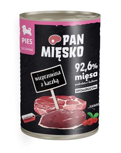 PAN MIĘSKO - Nourriture humide hypoallergénique pour chiots avec du porc et du canard - 400g