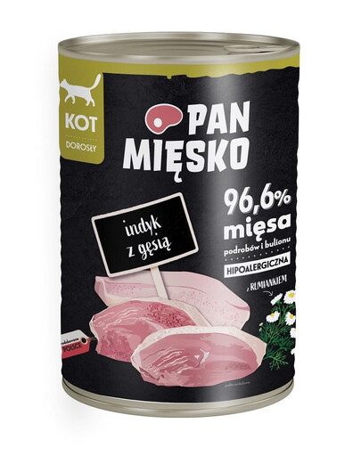 PAN MIĘSKO - Nourriture humide hypoallergénique pour chats à base de dinde et d'oie - 400g