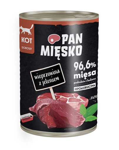 PAN MIĘSKO - Nourriture humide hypoallergénique pour chats au porc et au cerf - 400g