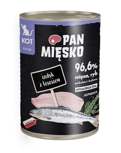 PAN MIĘSKO - Nourriture humide hypoallergénique pour chatons à base de dinde et de saumon - 400g