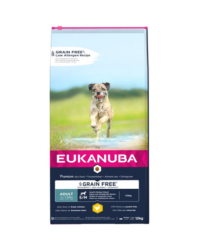 EUKANUBA Adult Grain Free S/M - riche en poulet frais pour chiens adultes de petite et moyenne race - 12 kg