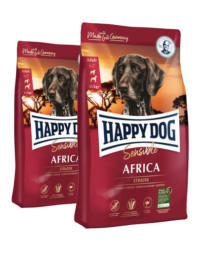 HAPPY DOG Supreme africa 25 kg (2 x 12.5 kg) - nourriture anti-allergiques pour les chiens sensibles à la viande d'autruche