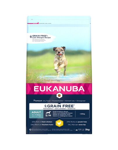 EUKANUBA Adult Grain Free S/M - riche en poulet frais pour chiens adultes de petite et moyenne race - 3 kg