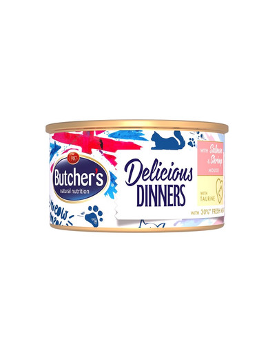 BUTCHER'S Classic Delicious Dinners pour Chats Mousse de saumon et crevettes 85 g