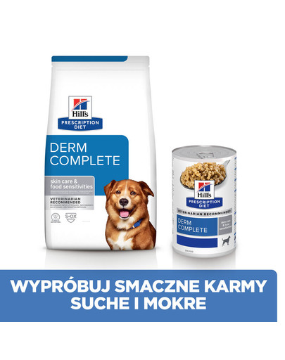 HILL'S Prescription Diet Canine Derm Complete 12 kg croquettes pour renforcer la peau des chiens