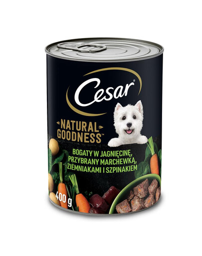 CESAR Natural Goodness Aliment humide pour chien riche en agneau garni de carottes, de pommes de terre et d'épinards 24x400g