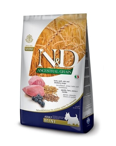 FARMINA N&D Ancestral Grain Lamb & Blueberry Adult Mini dog - agneau, myrtilles et céréales pour petits chiens adultes - 2.5 kg