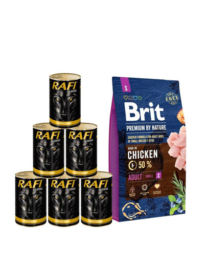 BRIT Premium By Nature Adult Small S - Nourriture complète au poulet pour chiens adultes de petite taille - 8 kg + nourriture humide avec volaille 6x1240 g