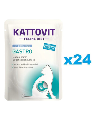 KATTOVIT Feline Diet Gastro Aliments humides à base de canard et de riz pour les chats souffrant de problèmes gastriques 24x85 g