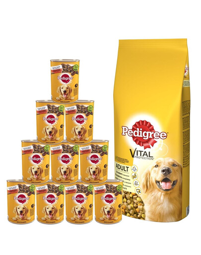 PEDIGREE Adult 15kg (race moyenne) avec volaille et légumes + nourriture humide 24x400g