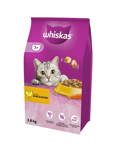 WHISKAS Adult 3x3,8 kg nourriture sèche complète pour chats adultes au délicieux poulet