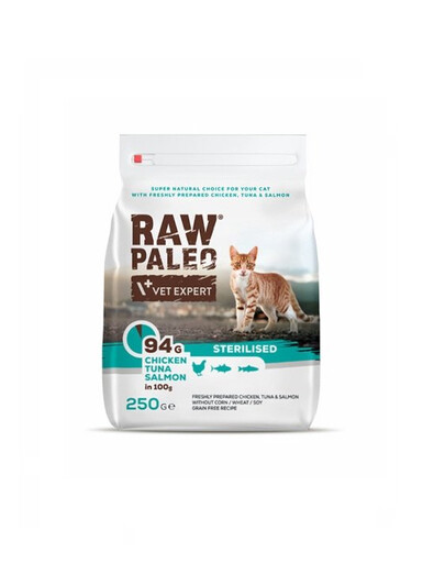 VETEXPERT Raw Paleo Sterilised Chicken&Tuna&Salmon - Croquettes au poulet, thon et saumon pour chats stérilisés - 250 g