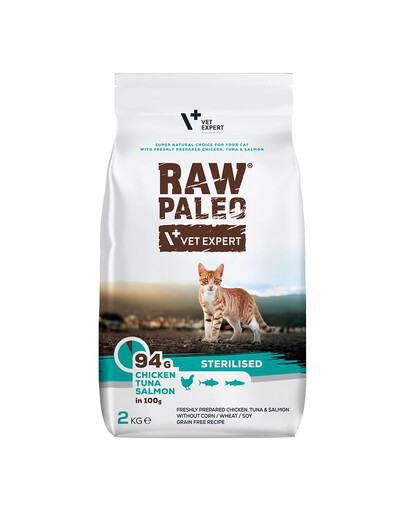 VETEXPERT Raw Paleo Sterilised Chicken&Tuna&Salmon - Croquettes au poulet, thon et saumon pour chats stérilisés - 2 kg