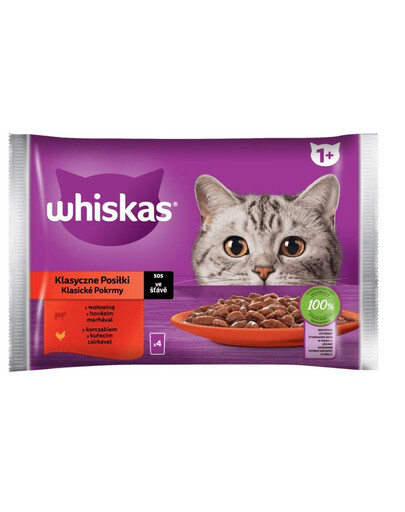 WHISKAS Repas classiques Poulet et bœuf en sauce 4x85g