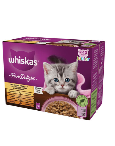 WHISKAS Pure Delight Junior Beignets de volaille au poulet, à la dinde, à la volaille, au canard en gelée 12x85g