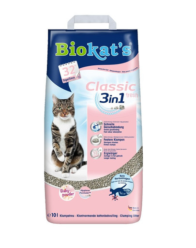 BIOKAT'S Classic Fresh 3in1 10 L -  3 tailles de grains de bentonite avec odeur de poudre pour bébé