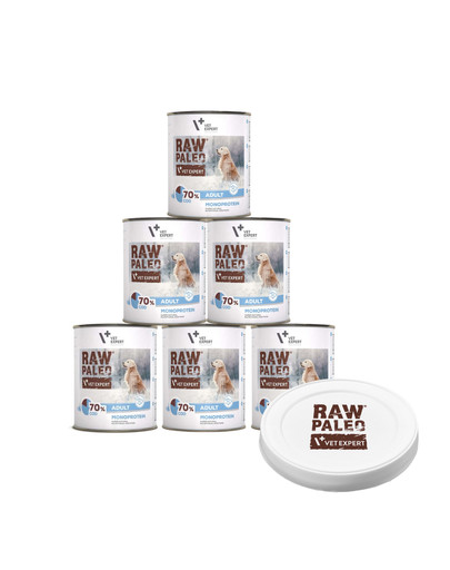 VETEXPERT Raw Paleo - Nourriture monoprotéinée de cabillaud pour chiens adultes - 6x800g + couvercle OFFERT
