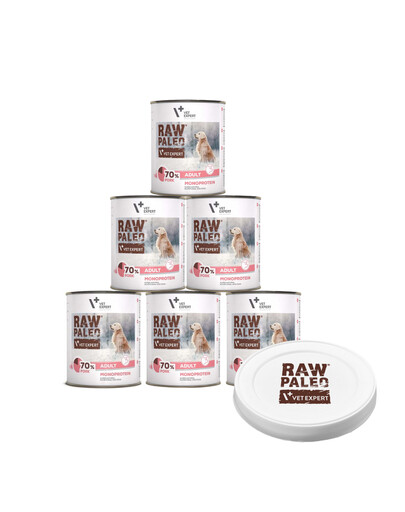 VETEXPERT Raw Paleo Pork Adult Can - Nourriture monoprotéinée de porc pour chiens adultes - 6x800g + couvercle OFFERT