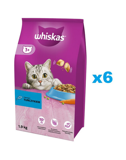 WHISKAS Adult nourriture sèche pour chats adultes avec du délicieux thon - 6x1,9 kg