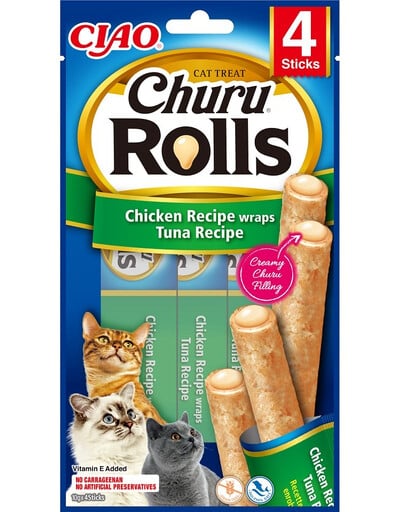 INABA Churu Rolls Cat Treat Aliment humide avec garniture crémeuse au poulet et thon 4x10g