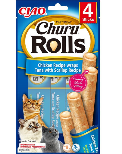 INABA Churu Rolls Cat Treat Aliment humide avec garniture crémeuse au poulet, thon et coquille Saint-Jacques 4x10g
