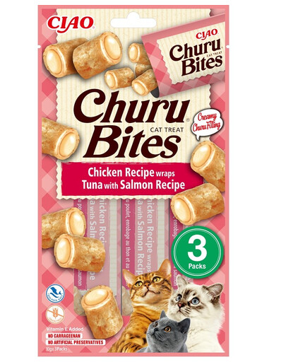 INABA Churu Bites Cat Treat Aliment humide avec une garniture crémeuse au poulet, au thon et au saumon 3x10g