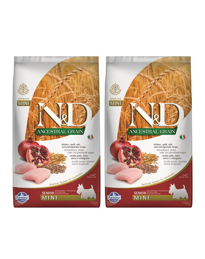 FARMINA N&D Ancestral Grain Dog Chicken, Spelt, Oats and Pomegranate Senior Mini 2 x 2.5 kg pour les petits chiens âgés