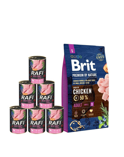 BRIT Premium By Nature Adult Small S - Nourriture complète au poulet pour chiens adultes de petite taille - 8 kg + nourriture humide avec dinde 6x400 g