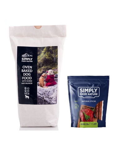 SIMPLY FROM NATURE Aliment cuit au four avec de la viande de cheval et du saumon 1,2 kg + Cigares à la viande de cheval naturelle 3 pcs.