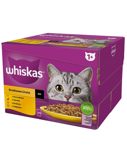 WHISKAS Adult pour chats adultes Festin de volaille en sauce morceaux avec poulet, canard, volaille, dinde - 48x85 g