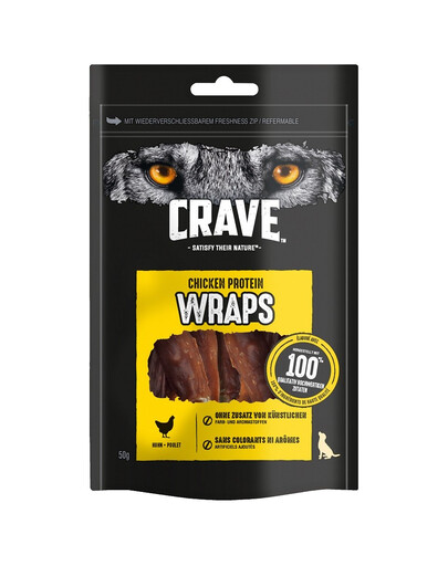 CRAVE Wraps Chicken Friandises sans céréales à base de protéines et de poulet pour chiens adultes 10x50g