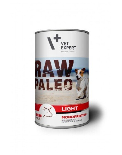VETEXPERT RAW PALEO Light Adult Beef - Nourriture humide monoprotéinée légère de boeuf pour chiens en surpoids - 400 g
