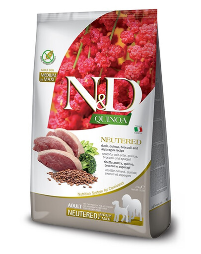 FARMINA N&D Quinoa Dog Neutered Adult Madium & Maxi duck, broccoli 2 x 12 kg pour les chiens de tailles moyennes + FLEXI Laisse New Comfort L 8 m OFFERTE