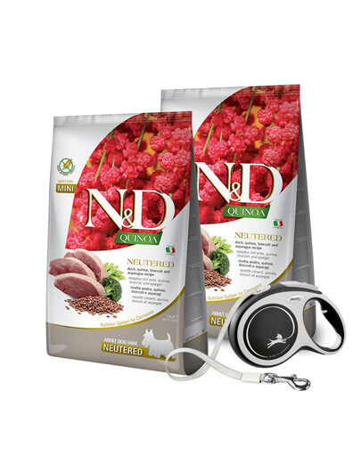 FARMINA N&D Quinoa Neutere Adult Mini canard, broccoli & asperges 2 x 7 kg pour les chiens après castration + FLEXI Laisse New Comfort L 8 m OFFERTE