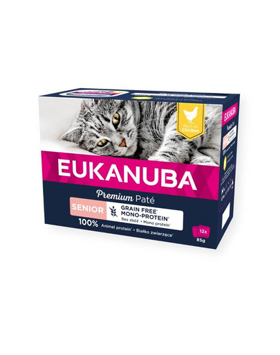 EUKANUBA Grain Free Senior - Pâtée monoprotéinée au poulet sans céréales pour chats âgés - 12 x 85 g