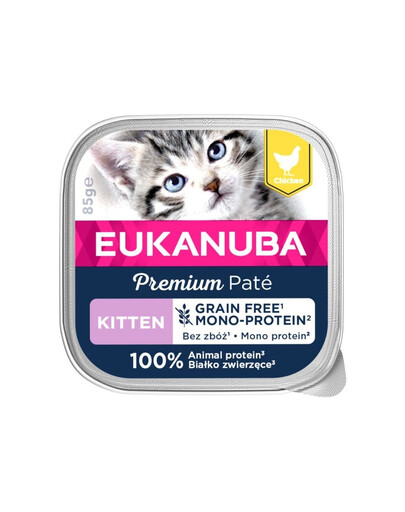 EUKANUBA Grain Free Kitten - Pâtée monoprotéinée au poulet sans céréales pour chatons - 16 x 85 g
