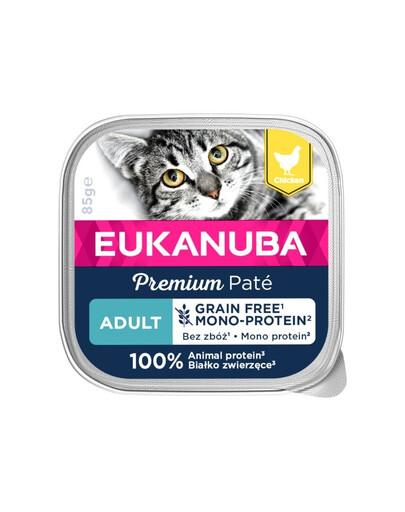 EUKANUBA Grain Free Adult - Pâtée monoprotéinée au poulet sans céréales pour chats adultes - 16 x 85 g