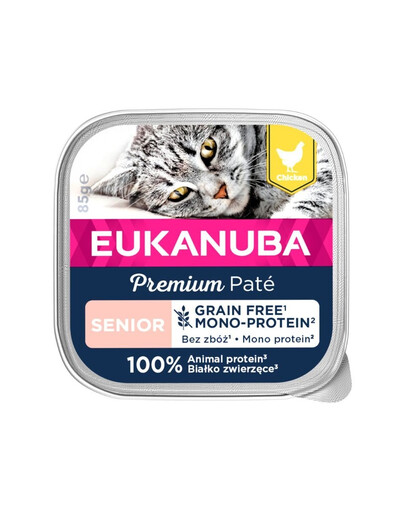 EUKANUBA Grain Free Senior - Pâtée monoprotéinée au poulet sans céréales pour chats âgés - 16 x 85 g