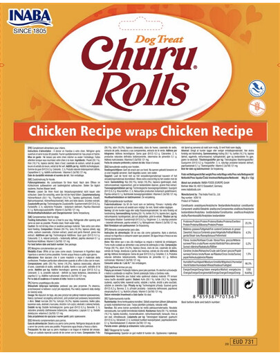 INABA Churu Rolls Chicken Aliment humide avec garniture crémeuse au poulet 8x12g